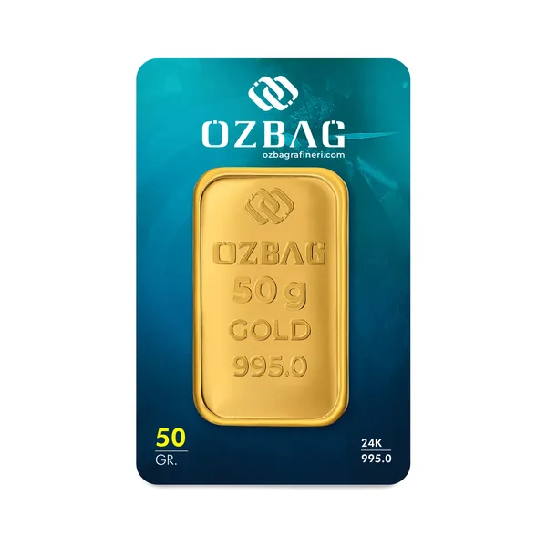 Özbağ 50 gram külçe altın, kartela ön yüzü